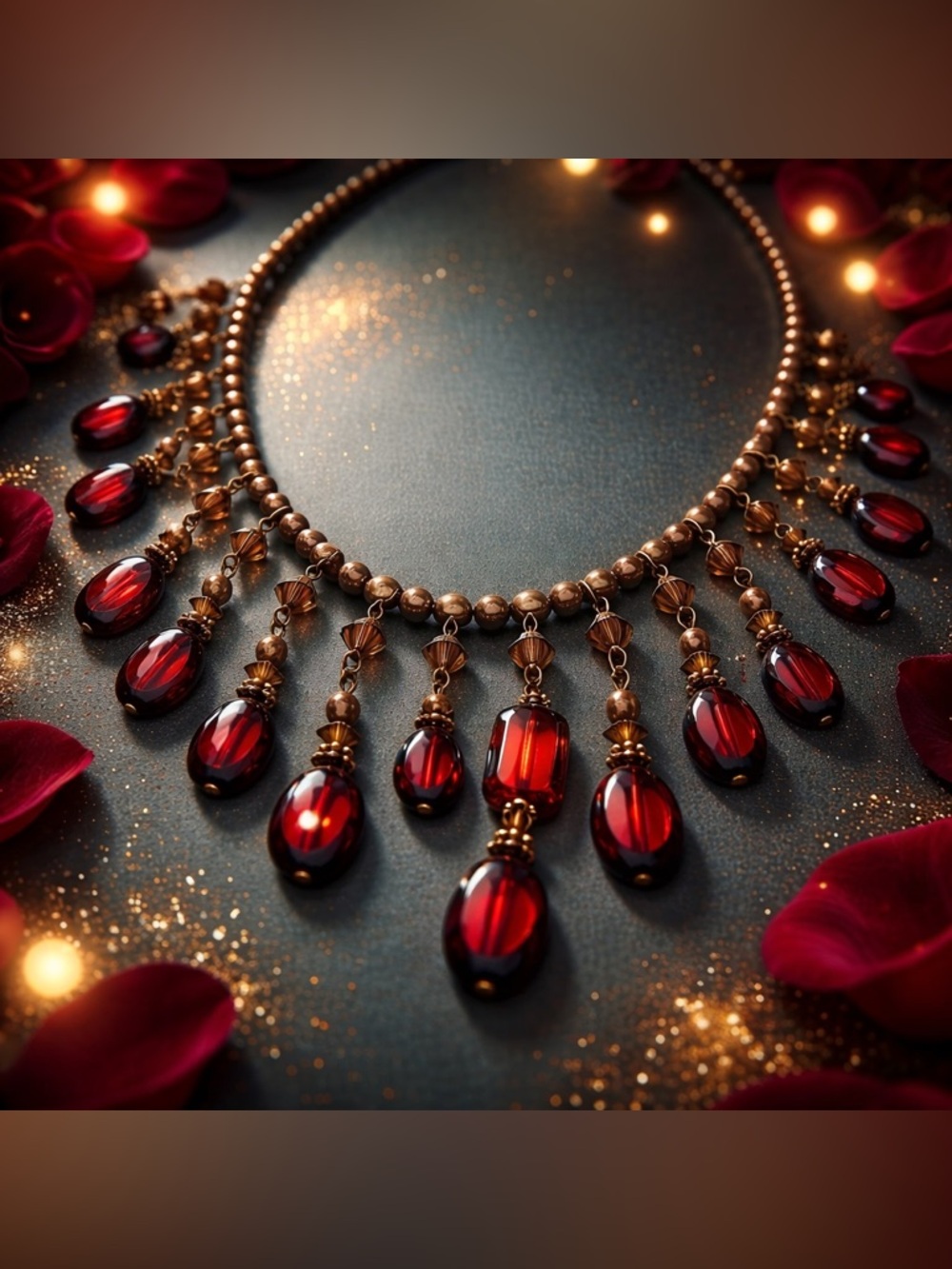 Vintage Deep Red Glass Cabochon Fringe Bib Necklace – 14K Clasp